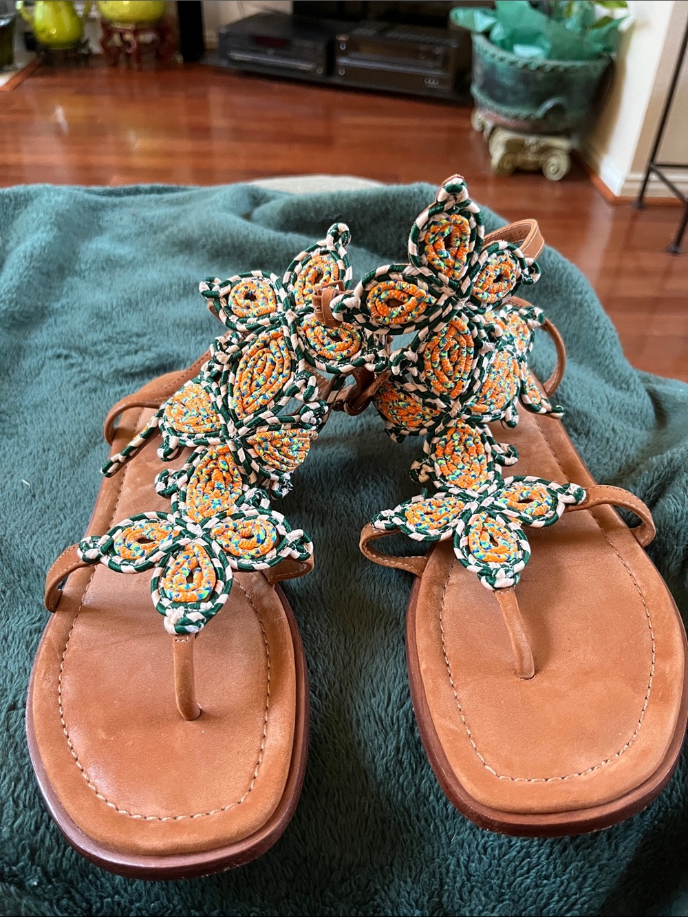 Tory Burch Tan Sandals with Green, Orange & White Braided Floral Accents